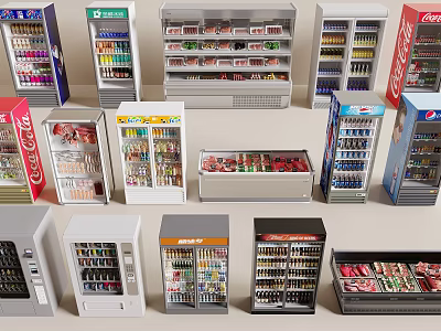 Various Commercial Refrigerators And Freezers For Drink Display And Food Storage 3d model