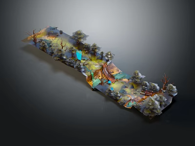 Cartoon Fantasy Scene With Colorful Terrain Lush Trees Blue Water Ponds And Small Wooden Cabin 3d model