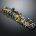 Cartoon Fantasy Scene With Colorful Terrain Lush Trees Blue Water Ponds And Small Wooden Cabin