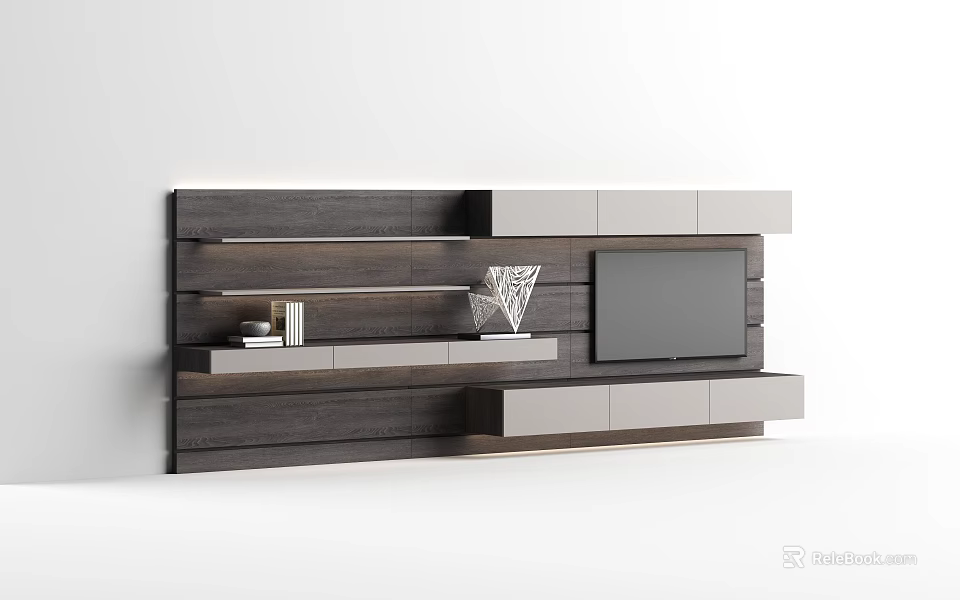 Modern Wooden TV Stand With Gray Panels Storage Shelves And TV 3d model 