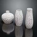 Three White Ceramic Vases with Cracked Texture and Reflection on Black Background 3d model