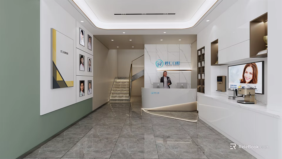 Modern Hospital Outpatient Clinic Lobby With Reception Desk Wall Portraits And Staircase 3d model 