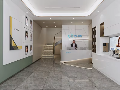 Modern Hospital Outpatient Clinic Lobby With Reception Desk Wall Portraits And Staircase 3d model