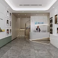 Modern Hospital Outpatient Clinic Lobby With Reception Desk Wall Portraits And Staircase