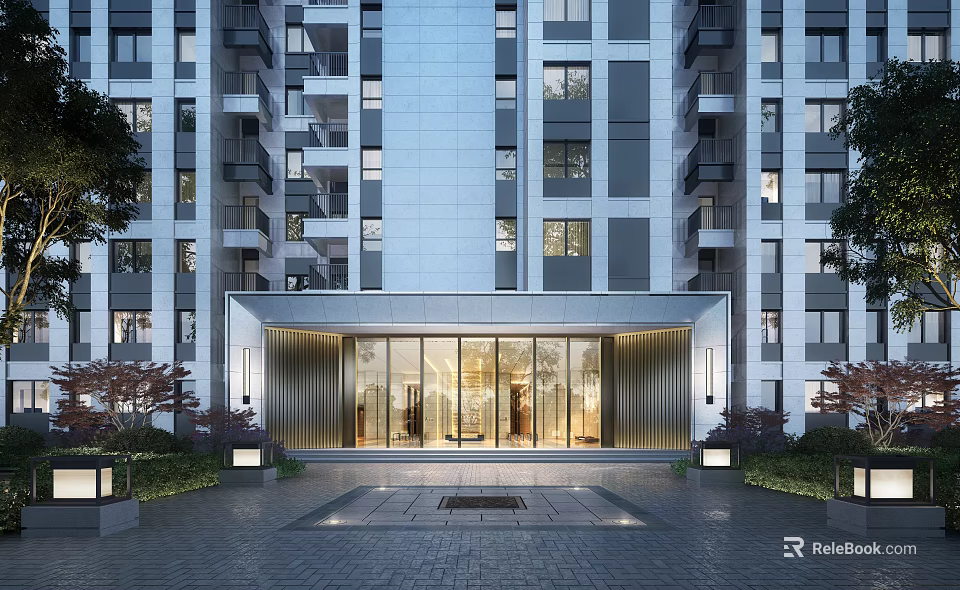Modern Entrance Gate With Glass Panels Metal Frame And Building Exterior Landscaping 3d model 