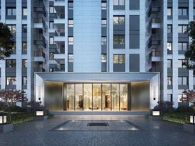 Modern Entrance Gate With Glass Panels Metal Frame And Building Exterior Landscaping 3d model