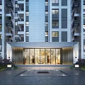 Modern Entrance Gate With Glass Panels Metal Frame And Building Exterior Landscaping