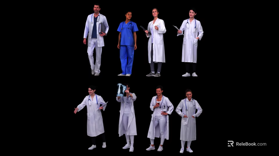 Multiple Medical Professionals in White Lab Coats and Blue Scrubs Standing Together 3d model 