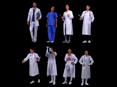 Multiple Medical Professionals in White Lab Coats and Blue Scrubs Standing Together 3d model