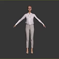 Woman In White Shirt And Light Gray Pants Standing With Arms Outstretched On Gray Background