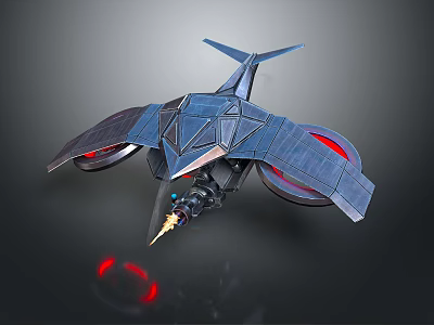 Sleek Futuristic Blue Geometric Drone Model With Red Glowing Thrusters Front Cannon And Yellow Beam 3d model