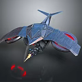 Sleek Futuristic Blue Geometric Drone Model With Red Glowing Thrusters Front Cannon And Yellow Beam