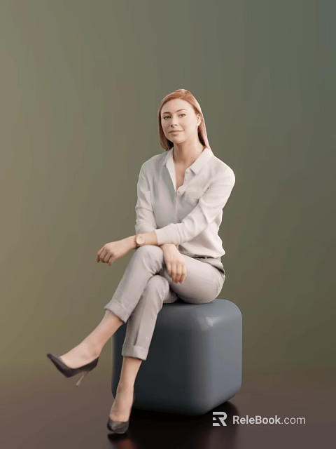 Woman in light shirt and light pants sitting on dark cylindrical stool against green background 3d model 