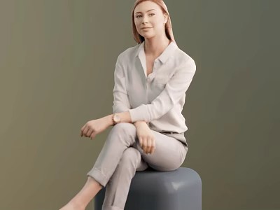 Woman in light shirt and light pants sitting on dark cylindrical stool against green background 3d model