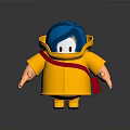 3D Cartoon Man With Blue Hair Wearing Yellow Raincoat And Red Shoulder Strap