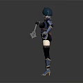 Game and Movie Character with Blue Hair Armored Outfit holding Weapon in Combat Style