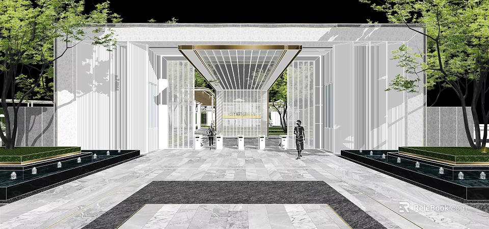 Modern Entrance Gate Design With Glass Panels Metal Frame And Stone Pathway 3d model 