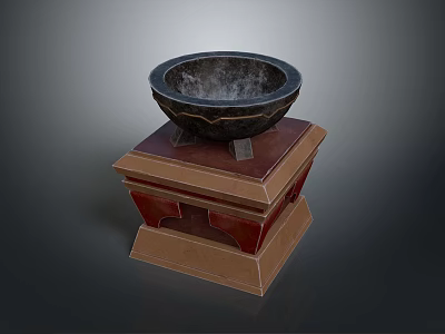 Textured Black Bowl Positioned On Decorative Wooden Base With Red Brown Details 3d model