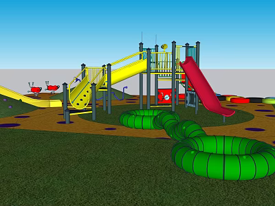 Outdoor Playground With Yellow Red Slides Green Tunnels And Grassy Lawn Area 3d model