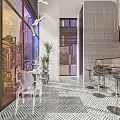 Elegant Open Restaurant With Arched Doors Pendant Lights Green Plants Geometric Floor Tiles Transparent Chairs