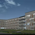 Modern School Building Featuring White Exterior Multiple Floors Balconies Green Lawn Pathway Under Blue Sky