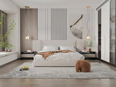 Modern Bedroom Interior With Beige Headboard Blanket Nightstands Pendant Lights Decorative Painting Elephant Decor 3d model