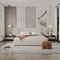 Modern Bedroom Interior With Beige Headboard Blanket Nightstands Pendant Lights Decorative Painting Elephant Decor