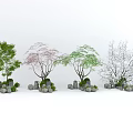 Garden Ornaments With Colorful Trees And Decorative Stone Elements