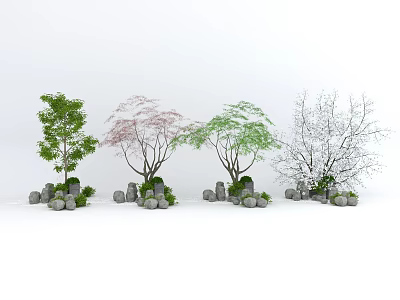 Garden Ornaments With Colorful Trees And Decorative Stone Elements 3d model