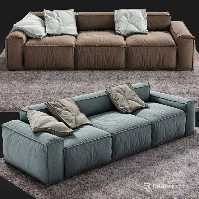 Two Modern Three Seater Fabric Sofas In Brown And Blue With Soft Cushions 3d model 