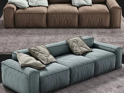 Two Modern Three Seater Fabric Sofas In Brown And Blue With Soft Cushions 3d model