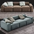 Two Modern Three Seater Fabric Sofas In Brown And Blue With Soft Cushions 3d model