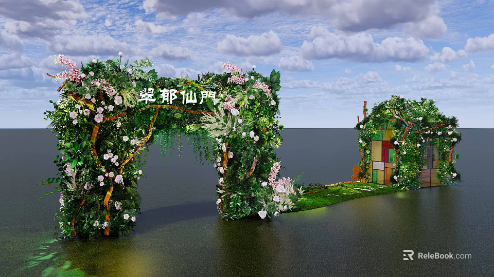 Decorated Event Entrance with Lush Green Plants and Pink White Blossoms 3d model 