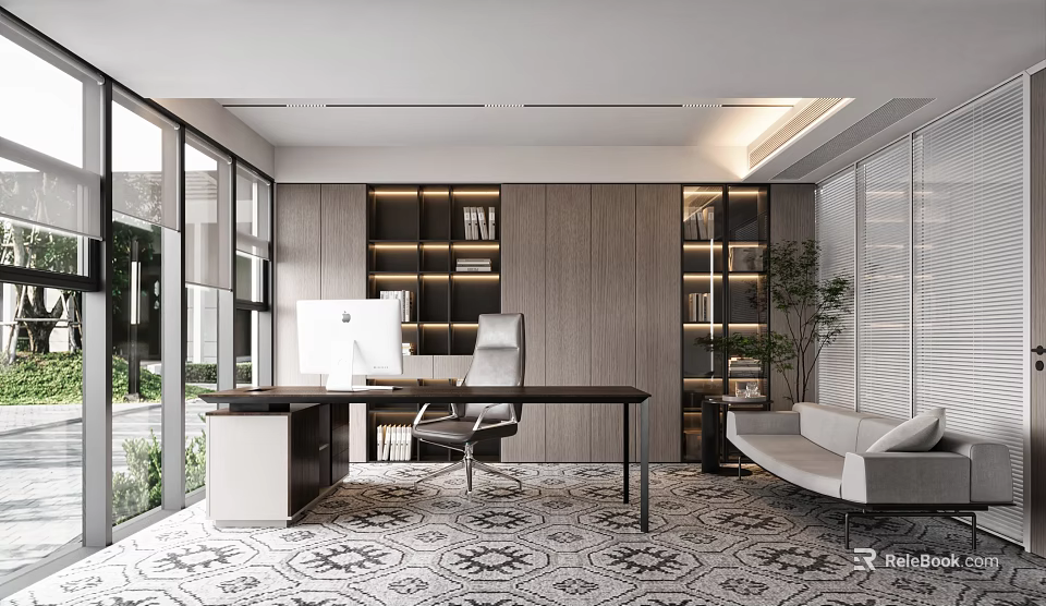 Open Modern Office Interior Featuring Large Windows Desk Computer Bookshelves Sofa Plants And Geometric Carpet 3d model 