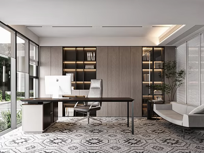 Open Modern Office Interior Featuring Large Windows Desk Computer Bookshelves Sofa Plants And Geometric Carpet 3d model