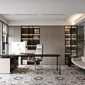 Open Modern Office Interior Featuring Large Windows Desk Computer Bookshelves Sofa Plants And Geometric Carpet