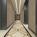 Luxurious Hotel Corridor Featuring Geometric Floor Marble Walls Decorative Mirror And Red Chairs