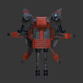 Red Mechanical Turret With Multi Barrel Pipes And Metal Support Base Structure