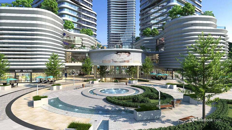 Modern Urban Plaza With Central Fountain Green Landscaping Leisure Seating And High Rise Buildings 3d model 