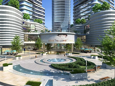 Modern Urban Plaza With Central Fountain Green Landscaping Leisure Seating And High Rise Buildings 3d model