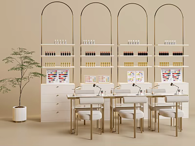 Bright Modern Nail Salon Interior With Manicure Tables Chairs Plants And Polish Racks 3d model