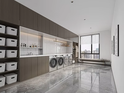 Modern Laundry Room With Dark Cabinets White Storage Boxes Washer Dryer Large Window City View 3d model