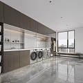 Modern Laundry Room With Dark Cabinets White Storage Boxes Washer Dryer Large Window City View