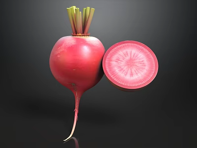 Fresh Red Beetroot With Green Leaves And Sliced Cross Section 3d model