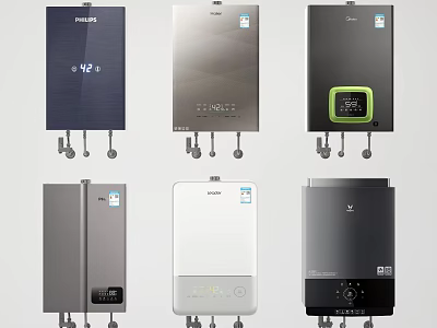 Modern Water Heaters With Various Designs Colors And Control Panels 3d model