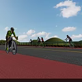 Pink Bicycle Lane Road Facility with Cyclists Guardrails Green Hills and Blue Sky