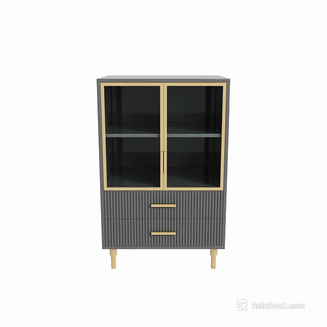 Dark Gray Entryway Console Side Cabinet With Glass Doors Drawers Gold Handles And Legs 3d model 