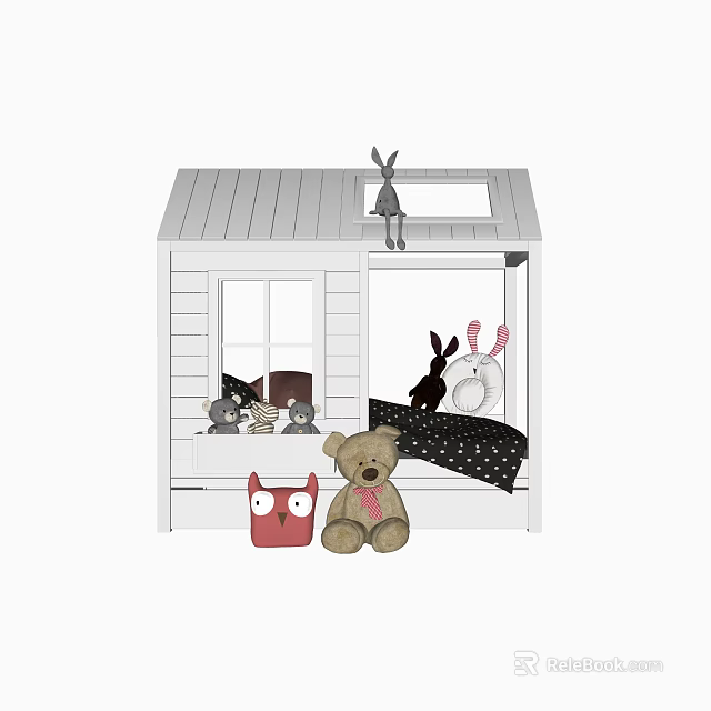 Cute Cabin Shaped Kids Bed With Skylight Stuffed Toys And Black White Polka Dot Bedding 3d model 