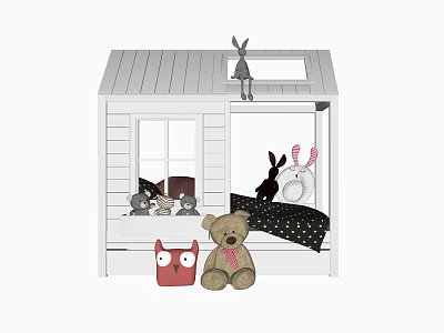 Cute Cabin Shaped Kids Bed With Skylight Stuffed Toys And Black White Polka Dot Bedding 3d model
