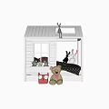 Cute Cabin Shaped Kids Bed With Skylight Stuffed Toys And Black White Polka Dot Bedding
